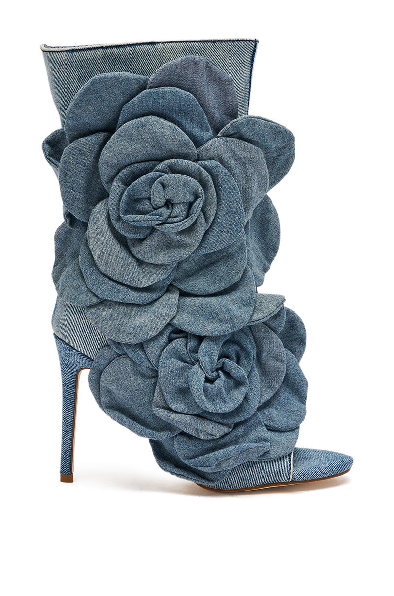 AZALEA WANG DELMARE DENIM FLORAL OPEN TOE BOOTIE