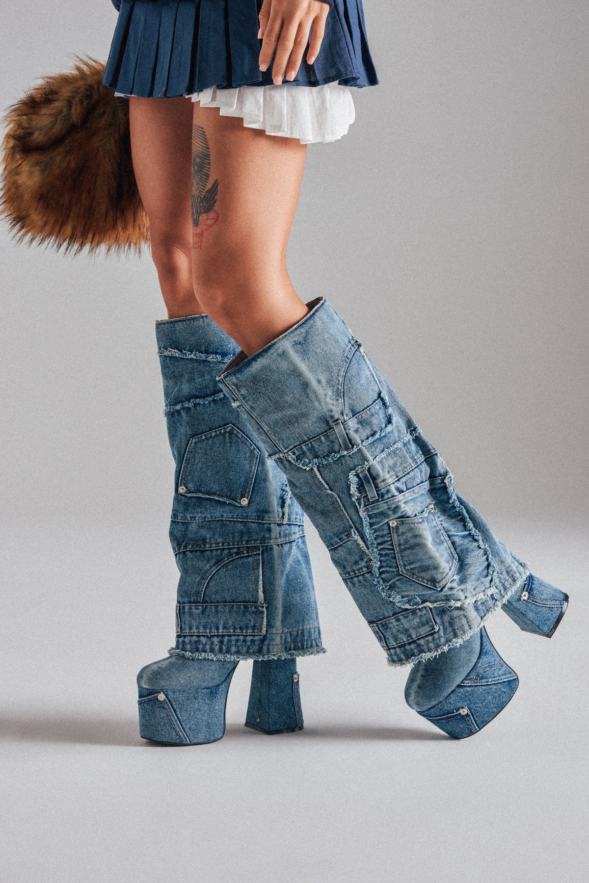 AZALEA WANG DUMI DENIM CHUNKY PATCHWORK BOOT