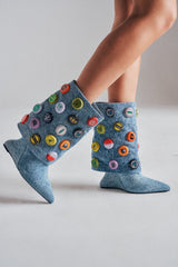 AZALEA WANG EAVEN WEDGE EMBELLISHED DENIM BOOTIE