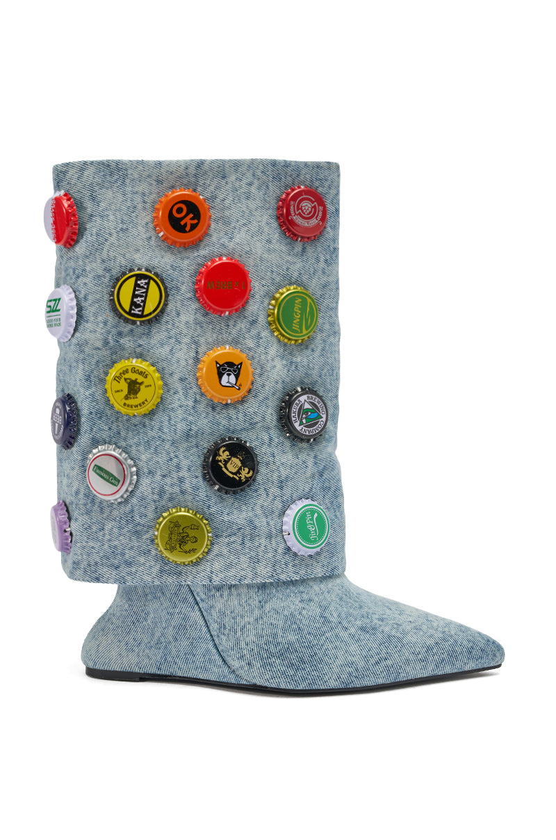 AZALEA WANG EAVEN WEDGE EMBELLISHED DENIM BOOTIE