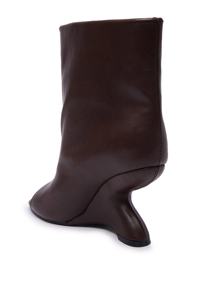 AZALEA WANG FAOI BROWN INVERTED WEDGE OPEN-TOE BOOTIE