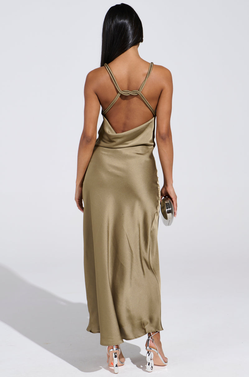 BELLA SATIN MAXI DRESS IN OLIVE