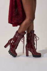 AZALEA WANG GERNOT BURGUNDY LACE UP SCALED PLATFORM BOOTIE
