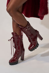 AZALEA WANG GERNOT BURGUNDY LACE UP SCALED PLATFORM BOOTIE