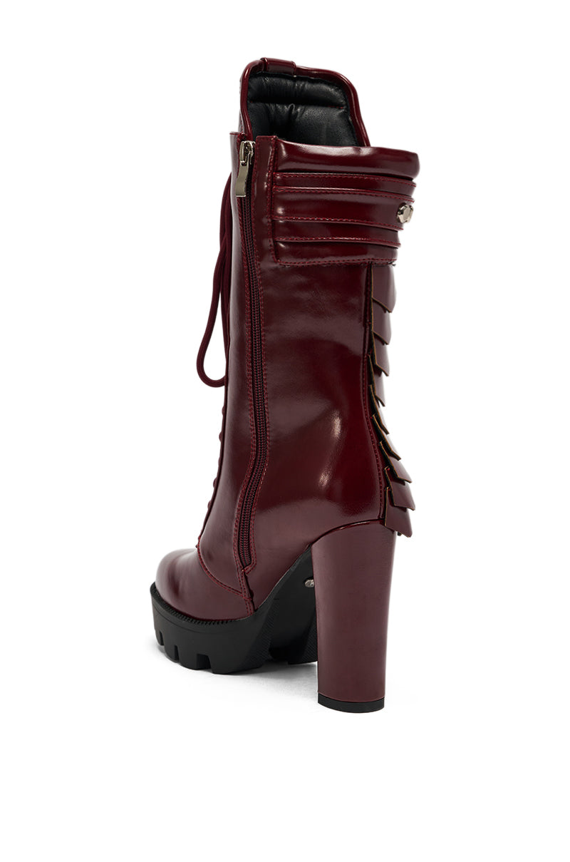AZALEA WANG GERNOT BURGUNDY LACE UP SCALED PLATFORM BOOTIE