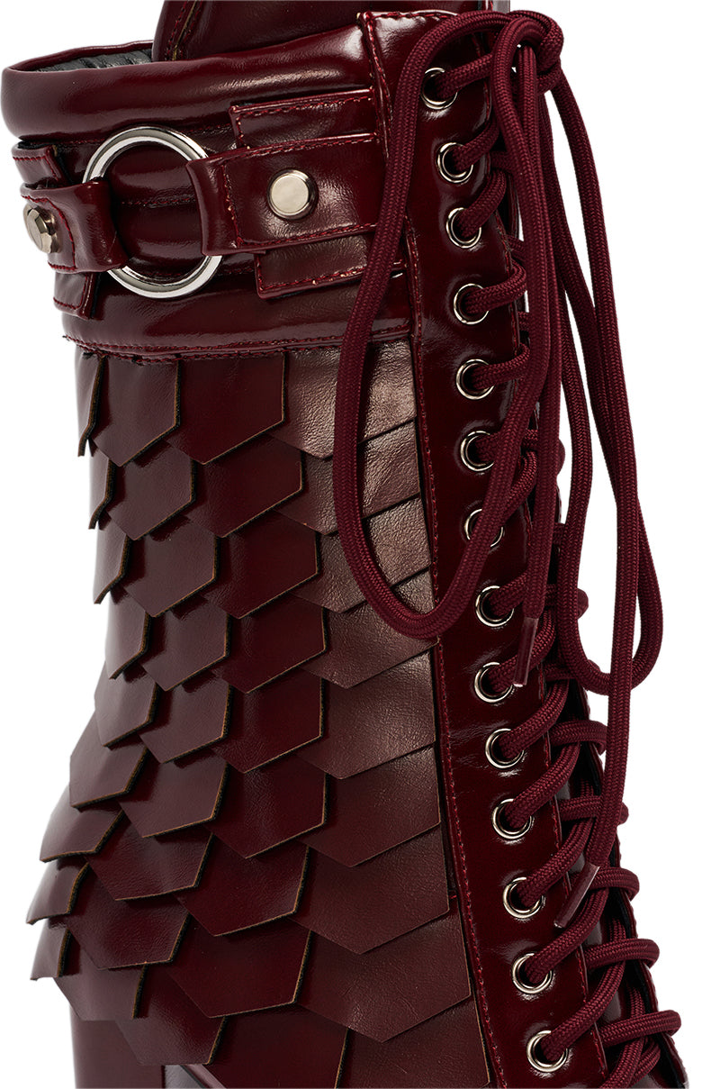 AZALEA WANG GERNOT BURGUNDY LACE UP SCALED PLATFORM BOOTIE