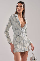 LOOK AT ME RHINESTONE BLAZER DRESS IN LIGHT BLUE DENIM