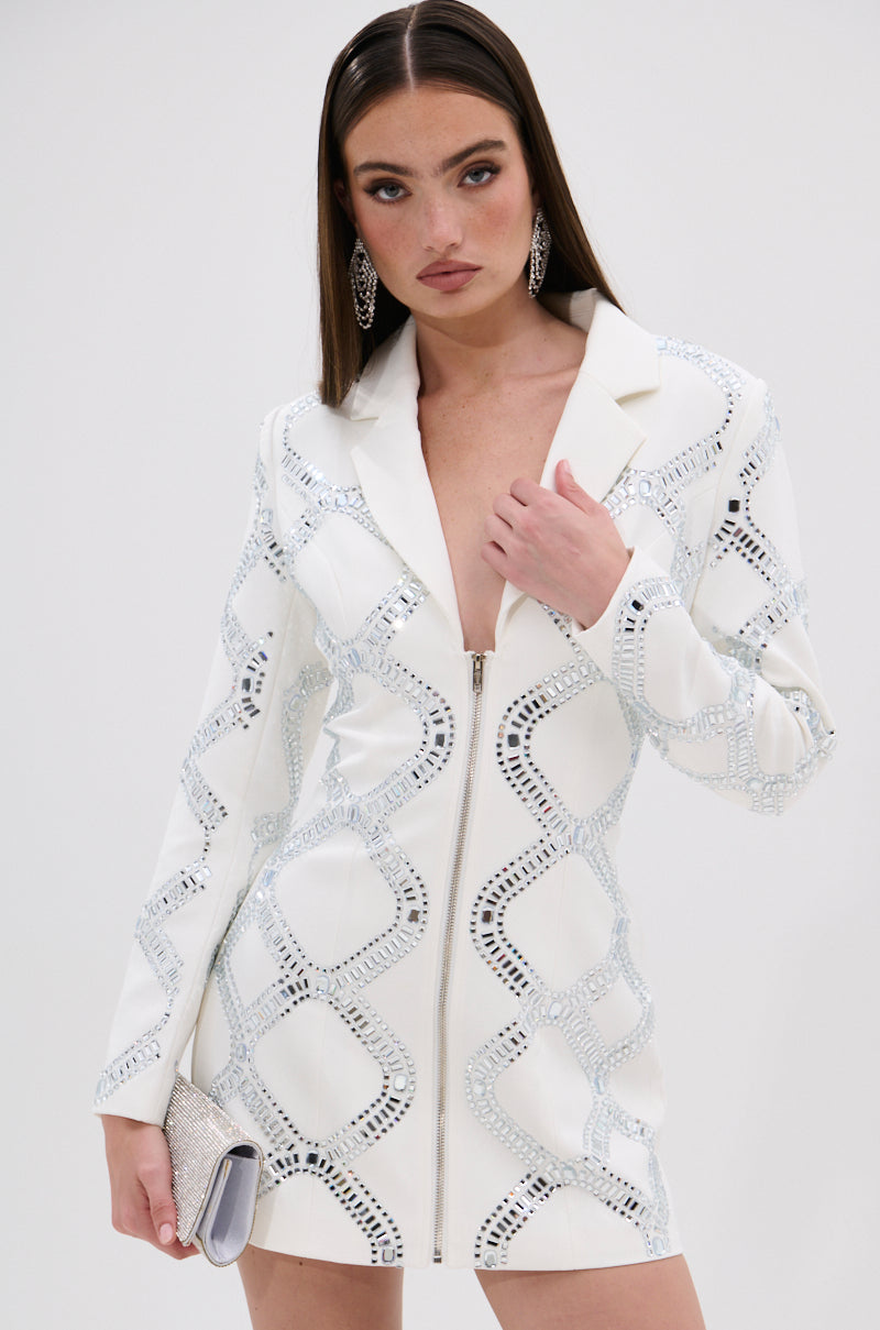 LOOK AT ME RHINESTONE BLAZER DRESS IN WHITE