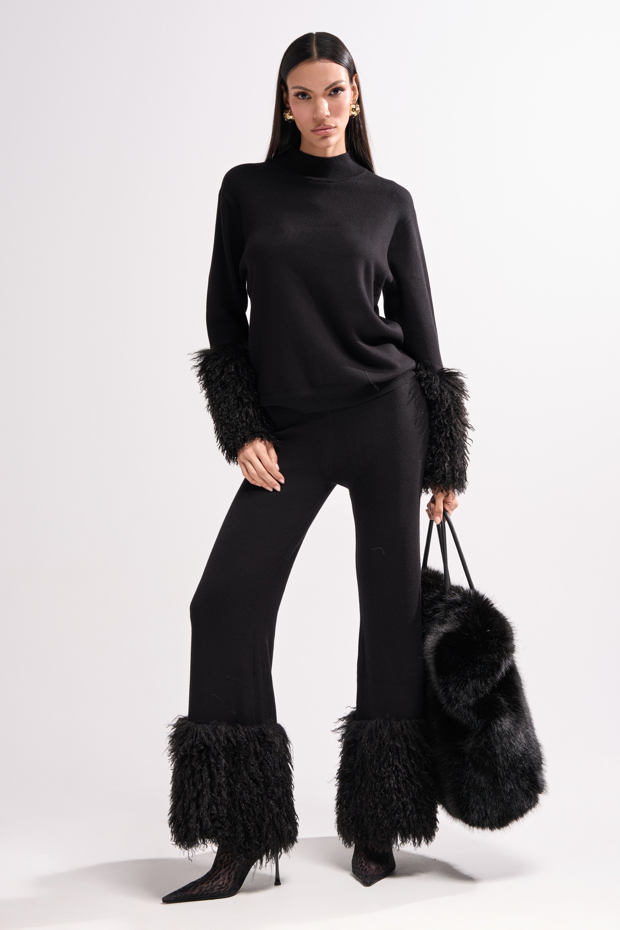 COZY VIBES SWEATER PANT WITH FUR CUFF IN BLACK