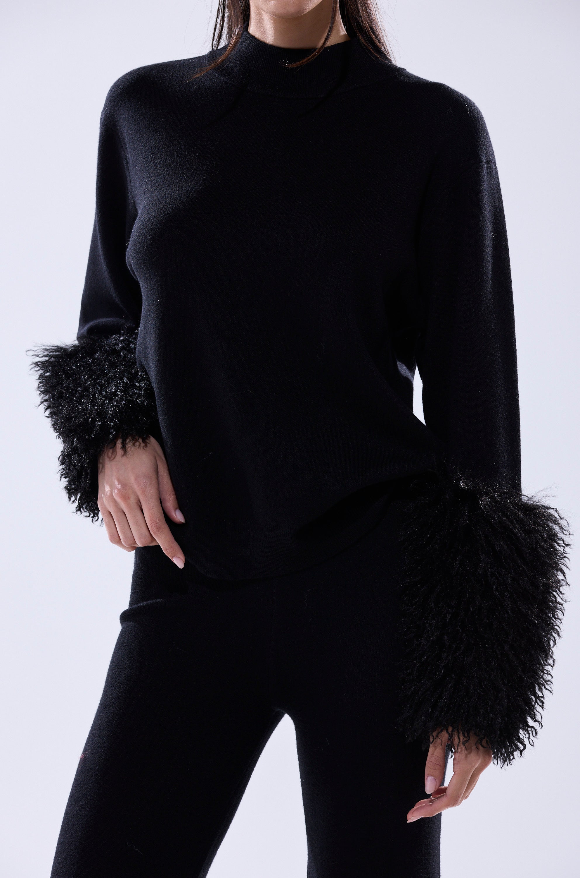 COZY VIBES SWEATER WITH FUR CUFF IN BLACK
