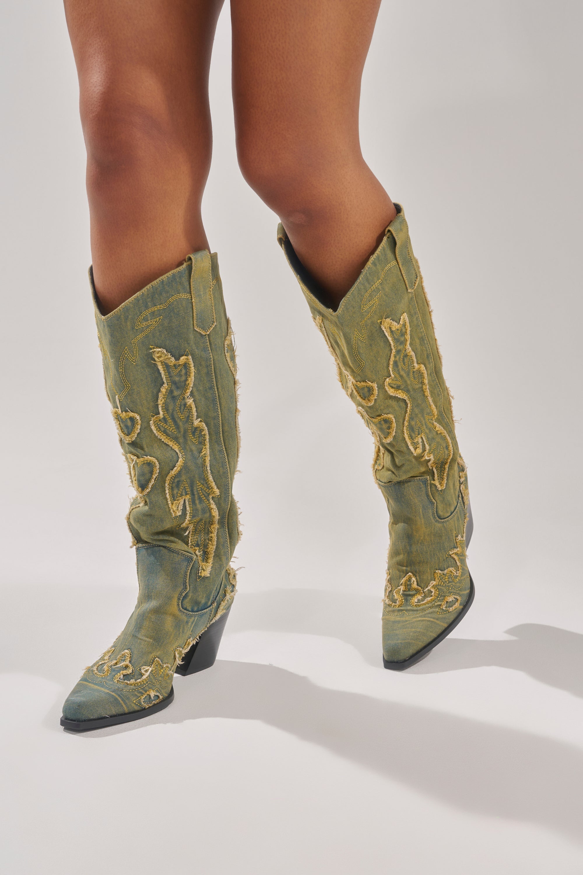 AZALEA WANG HEINRICH DENIM WESTERN LOW HEEL BOOT