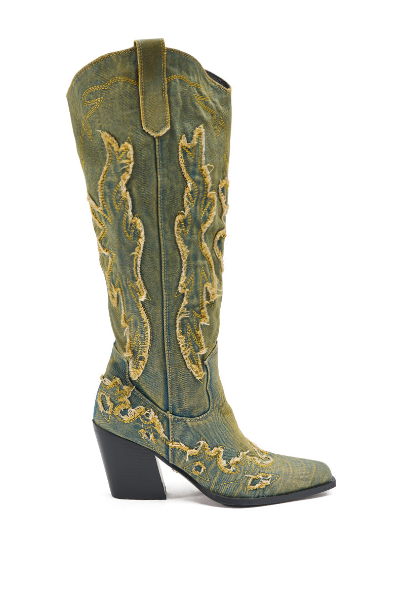 AZALEA WANG HEINRICH DENIM WESTERN LOW HEEL BOOT