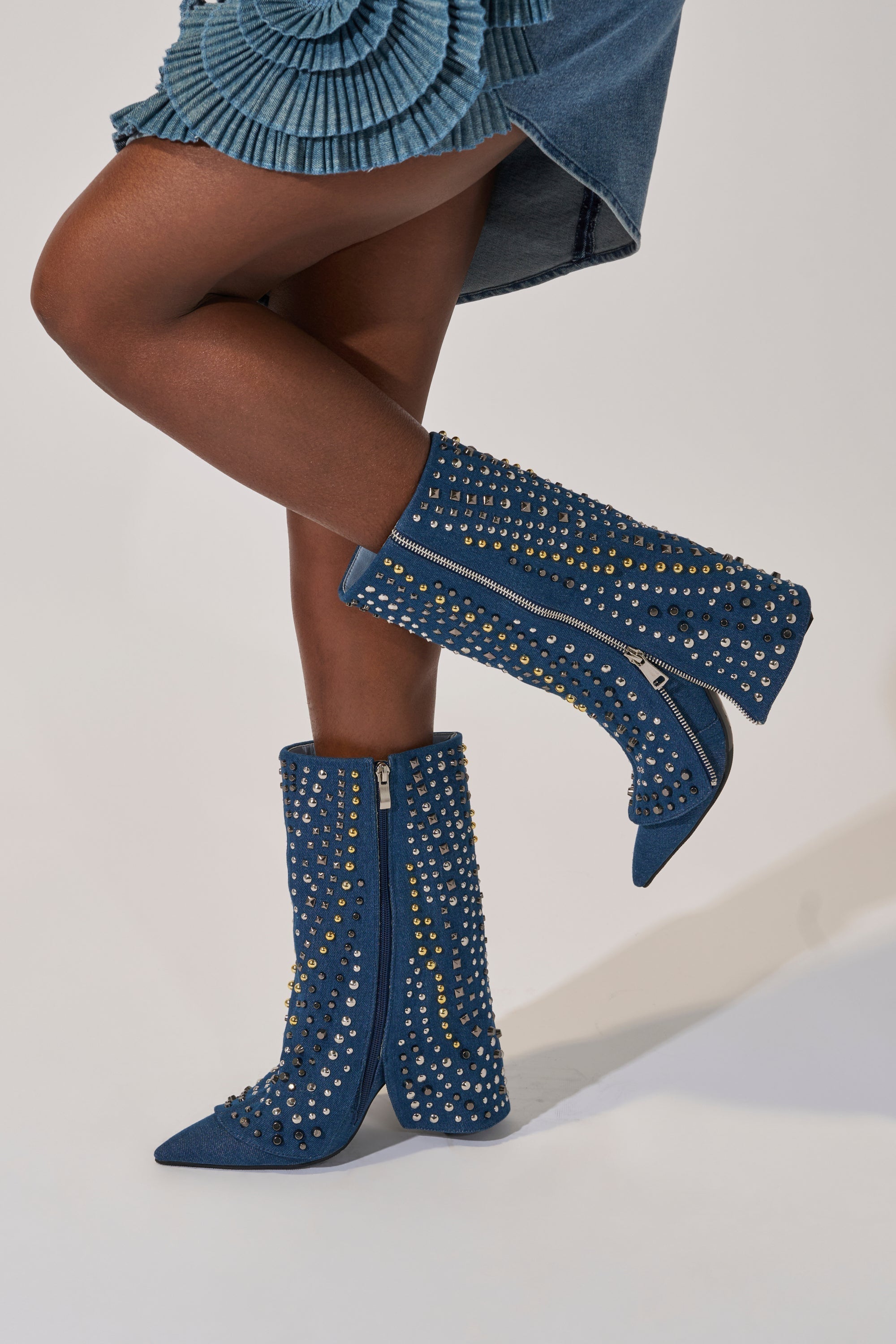 AZALEA WANG HENZI DENIM STUDDED CHUNKY BOOTIE