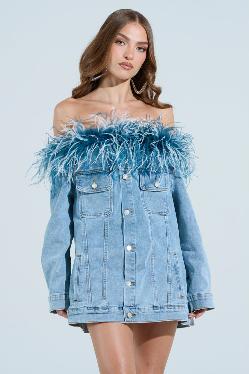 CHIC AF DENIM MINI DRESS WITH FEATHERS