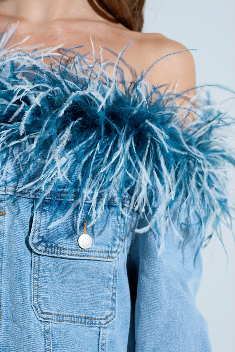 CHIC AF DENIM MINI DRESS WITH FEATHERS