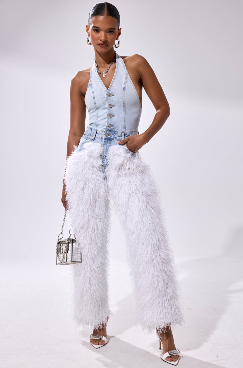 BADDIES ONLY DENIM FUR JUMPSUIT