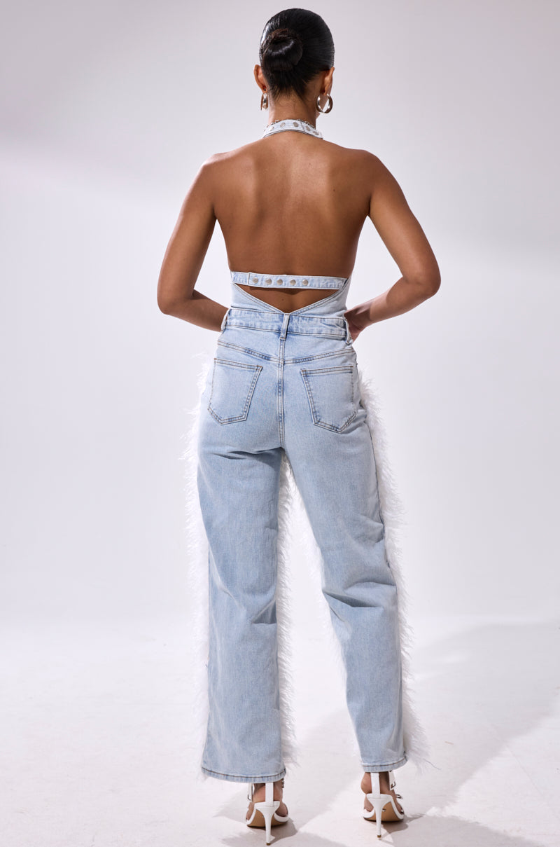 BADDIES ONLY DENIM FUR JUMPSUIT