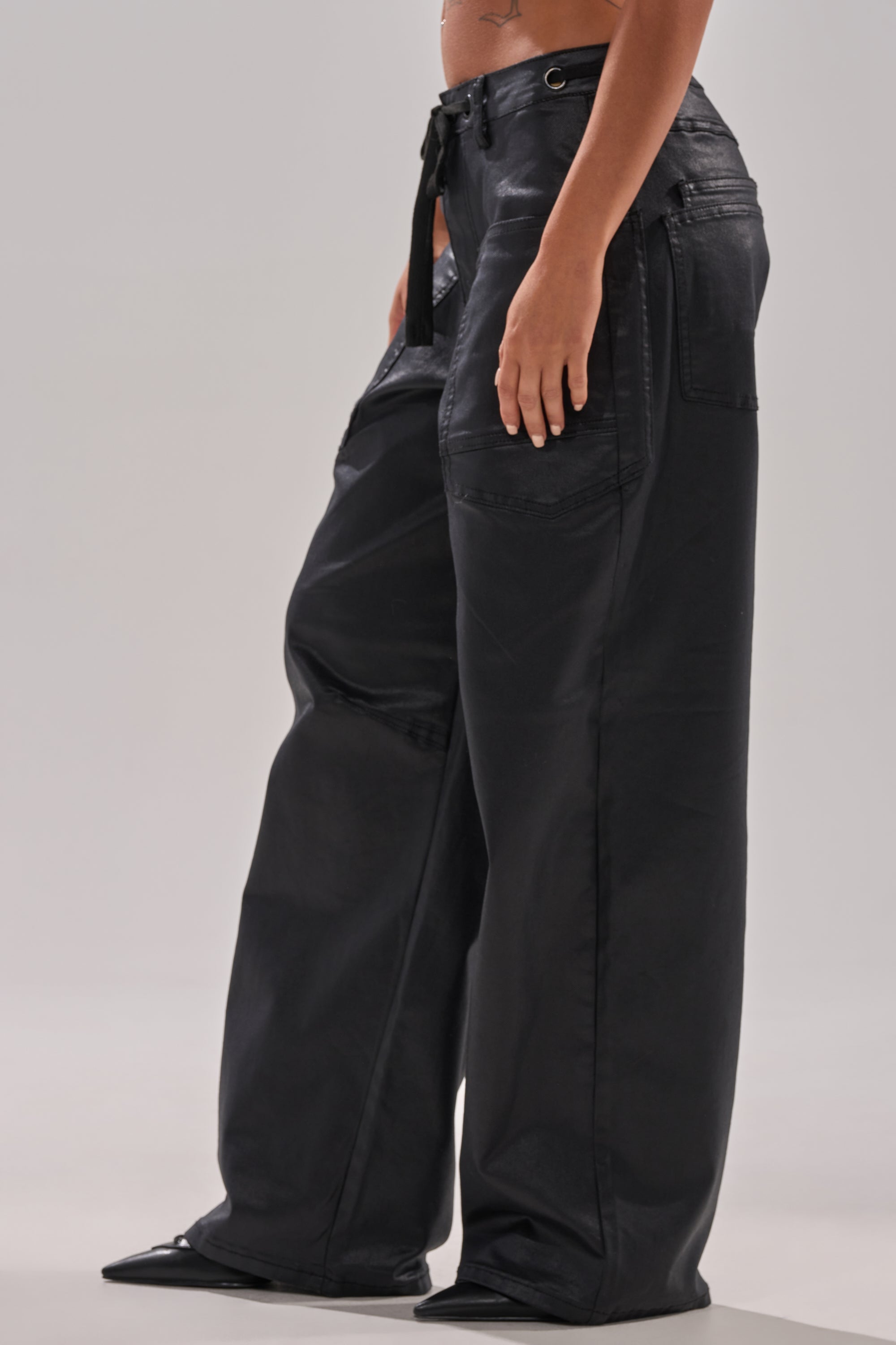 DONT GIVE UP COATED WIDE LEG DENIM WITH GROMMET