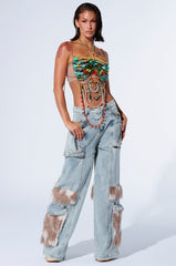FUR DENIM CARGO PANTS