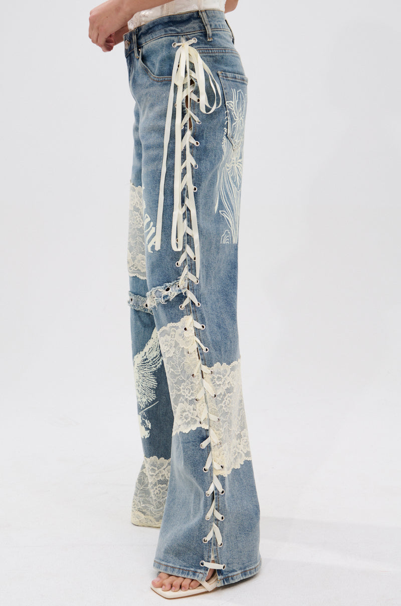 FEMME FATALE PRINTED AND LACE UP DETAIL DENIM JEANS