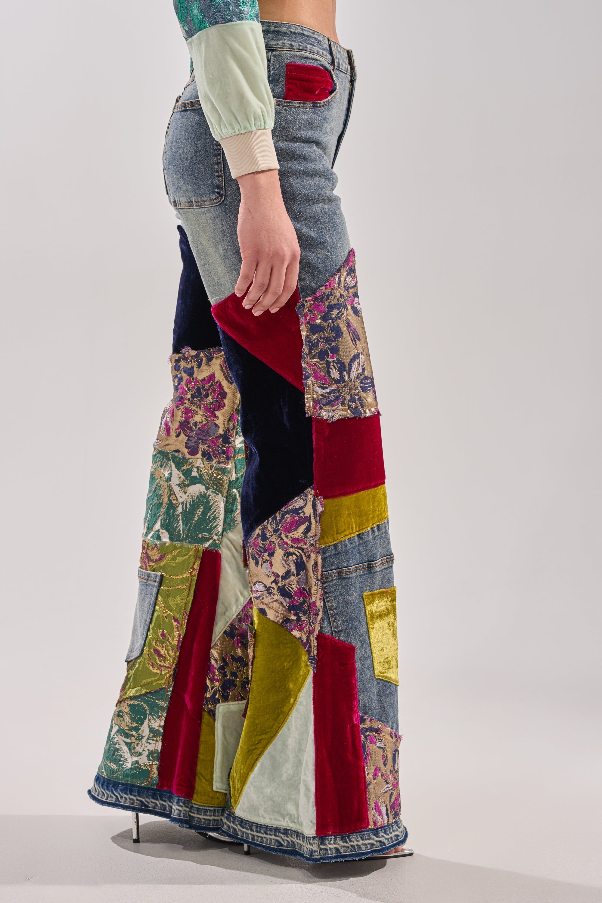 MIXED EMOTIONS BROCADE PATCHWORK FLARE DENIM