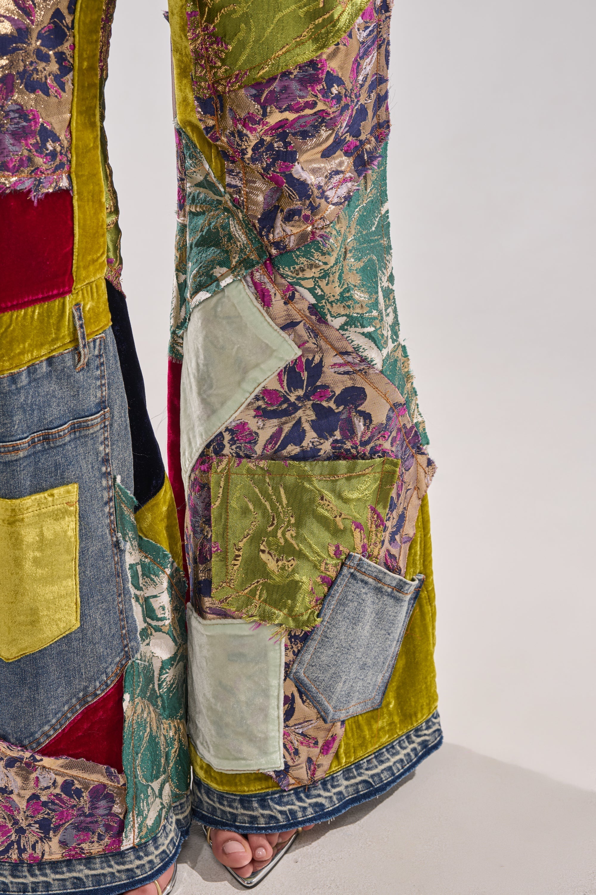 MIXED EMOTIONS BROCADE PATCHWORK FLARE DENIM