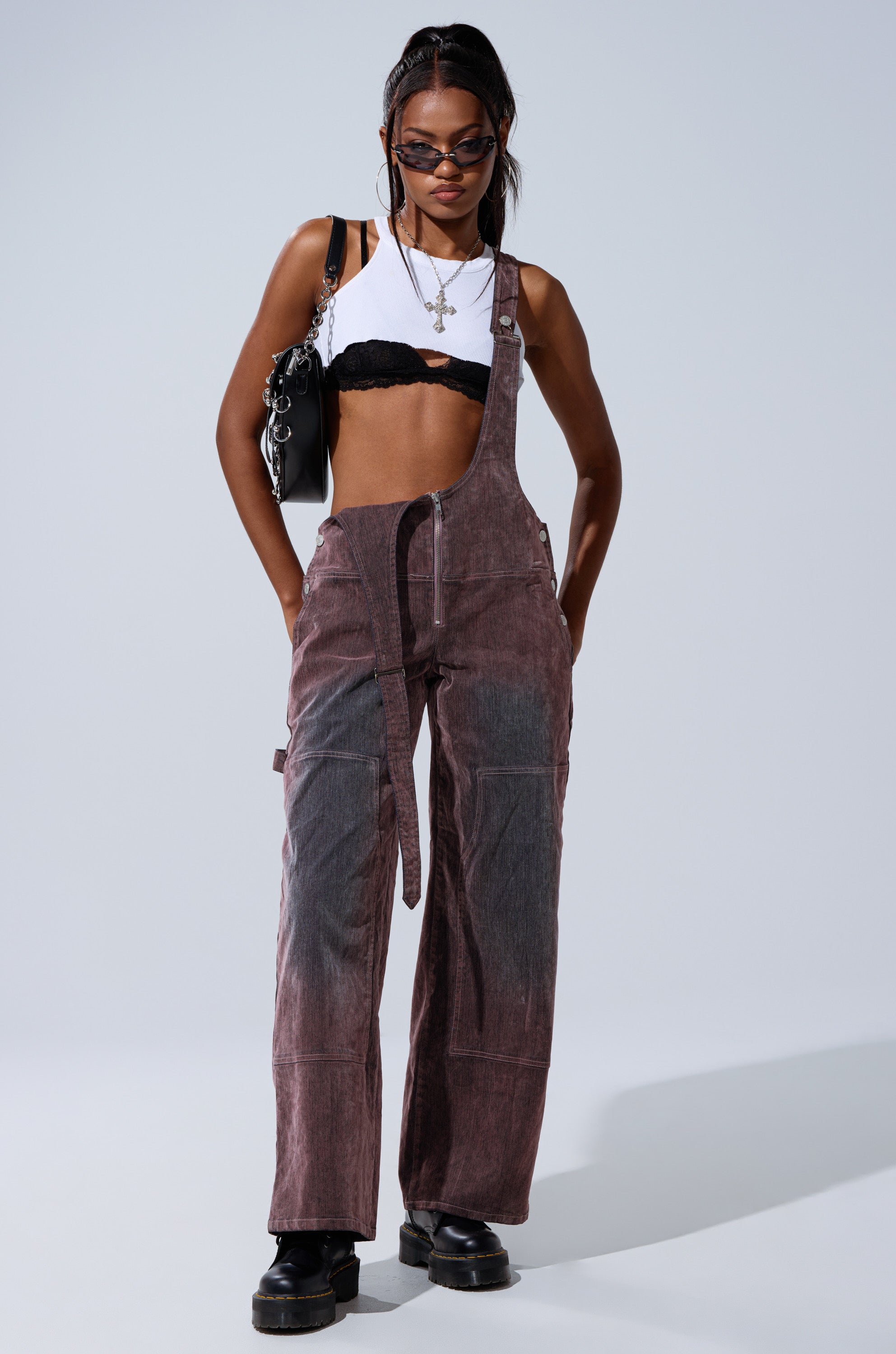 DOUBLE KNEE TEXTURED DENIM OVERALLS