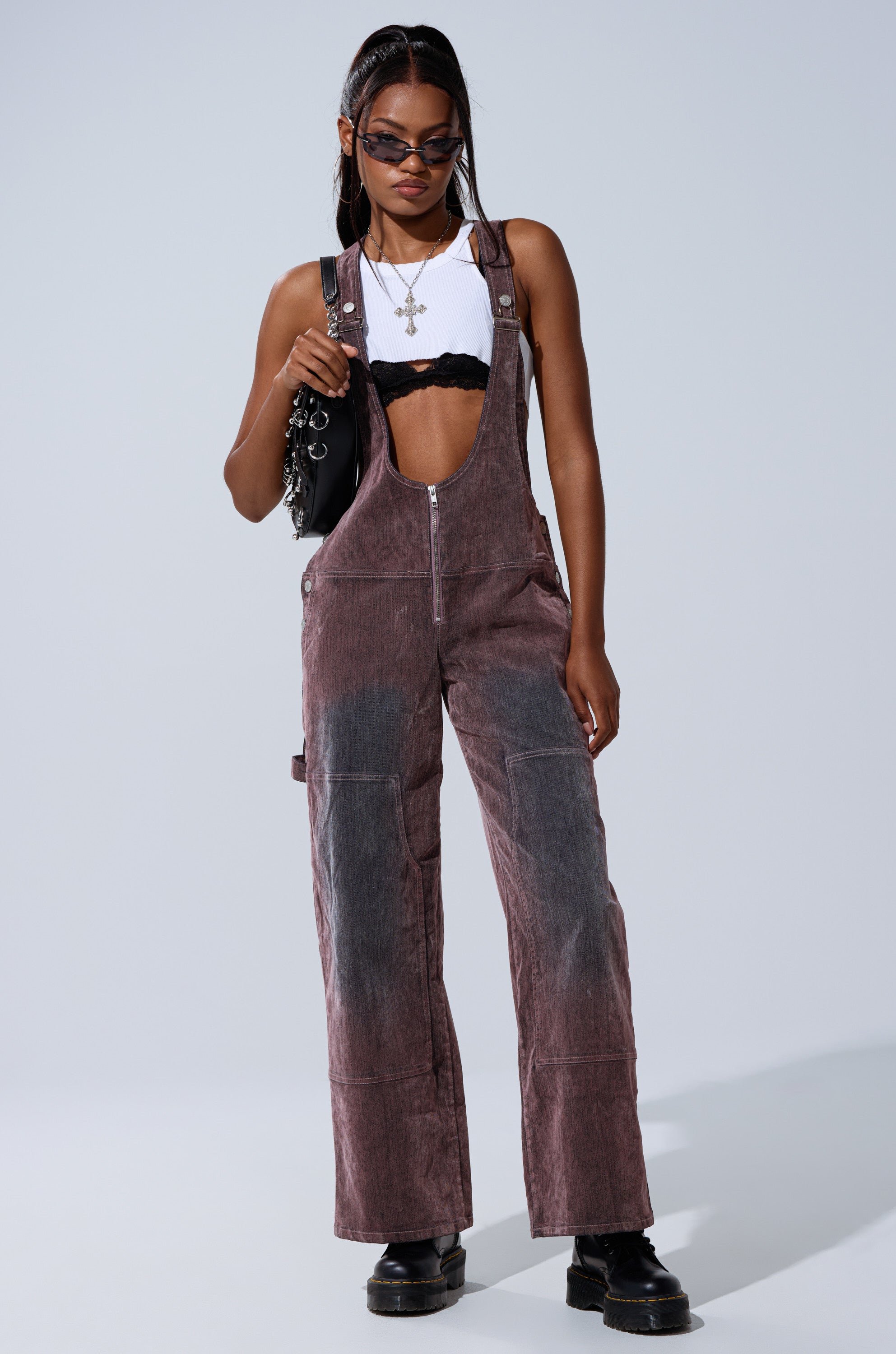 DOUBLE KNEE TEXTURED DENIM OVERALLS