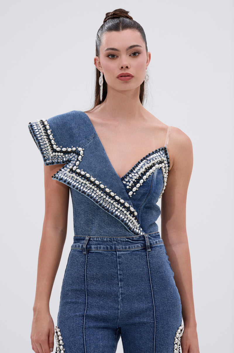 LUXURIOUS DENIM ASYMMETRICAL PEARL BODYSUIT