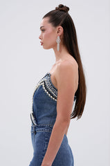 LUXURIOUS DENIM ASYMMETRICAL PEARL BODYSUIT