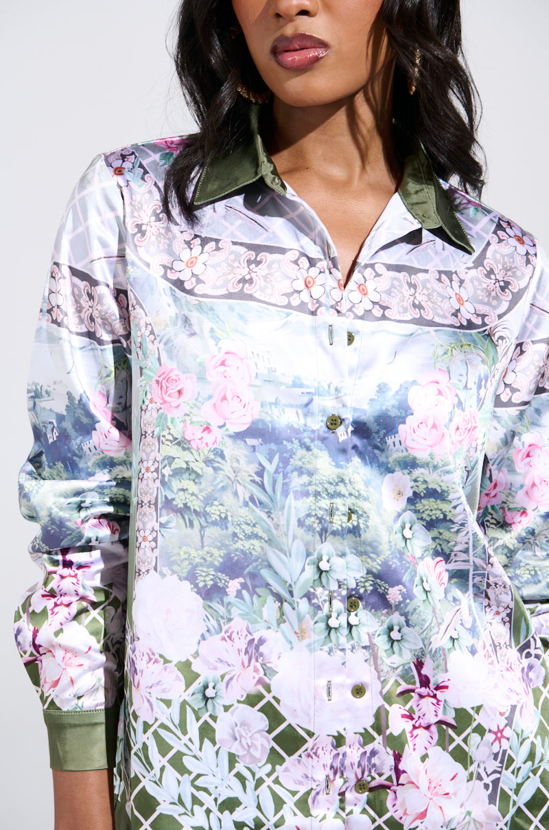 FLOWER PARTY SATIN BUTTON UP SHIRT