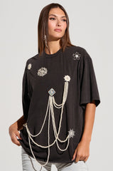 DRIPPING IN JEWELS EMBELLISHED T SHIRT IN HEATHER GREY