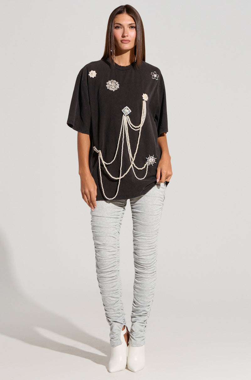 DRIPPING IN JEWELS EMBELLISHED T SHIRT IN HEATHER GREY