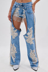 DIVALICIOUS DENIM CHAPS IN LIGHT BLUE