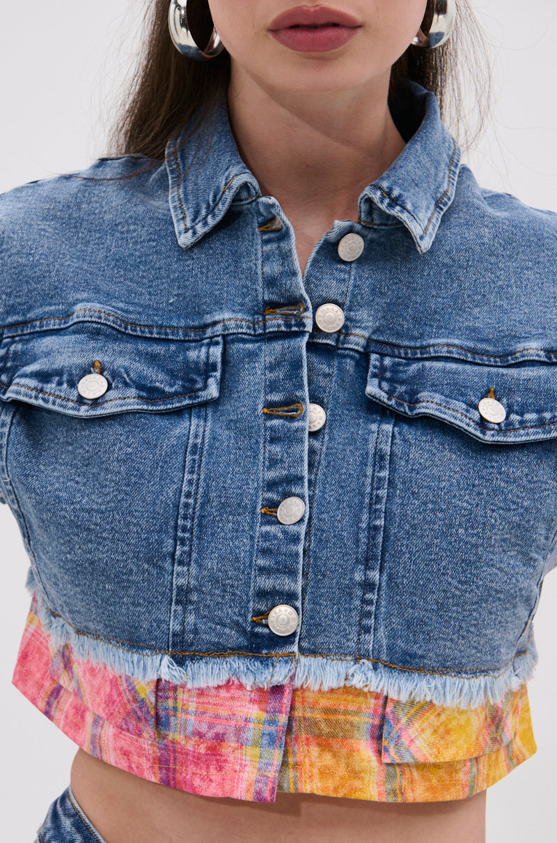 FULL OF LIFE DENIM BUTTON DOWN WITH PLAID DETAILS
