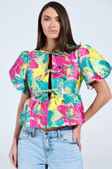 CARIBBEAN VIBES BROCADE TIE FRONT BLOUSE