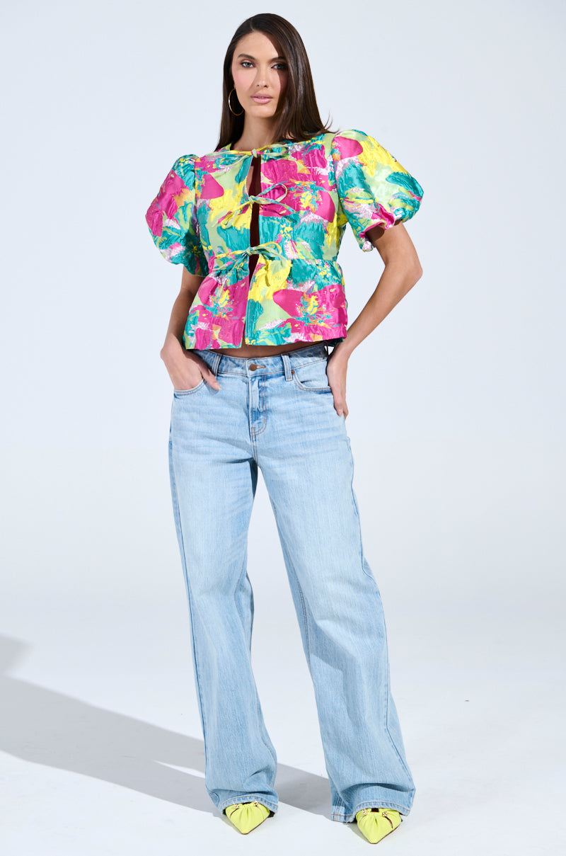 CARIBBEAN VIBES BROCADE TIE FRONT BLOUSE