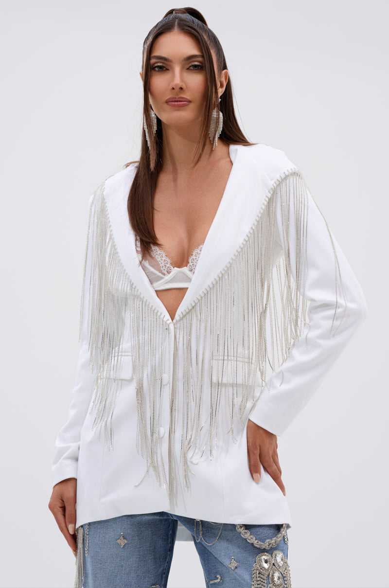 DRIPPY RHINESTONE FRINGE BLAZER IN WHITE