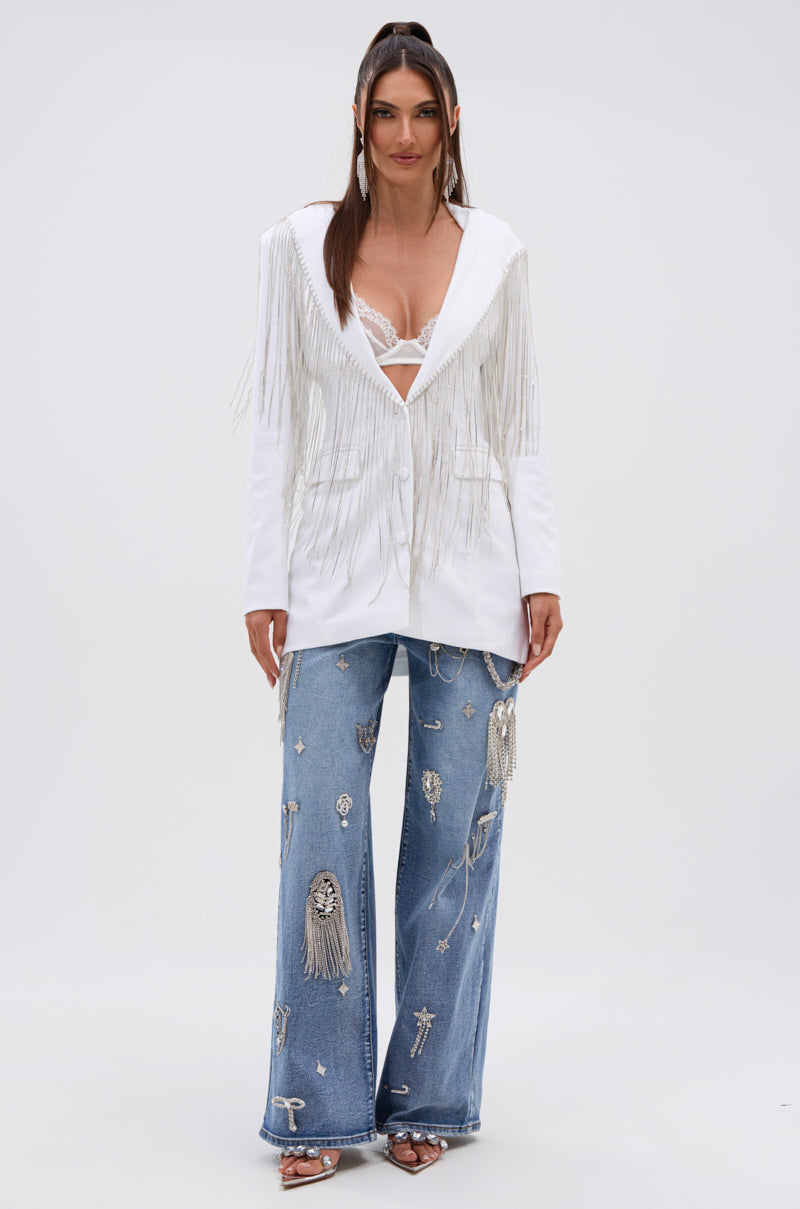 DRIPPY RHINESTONE FRINGE BLAZER IN WHITE