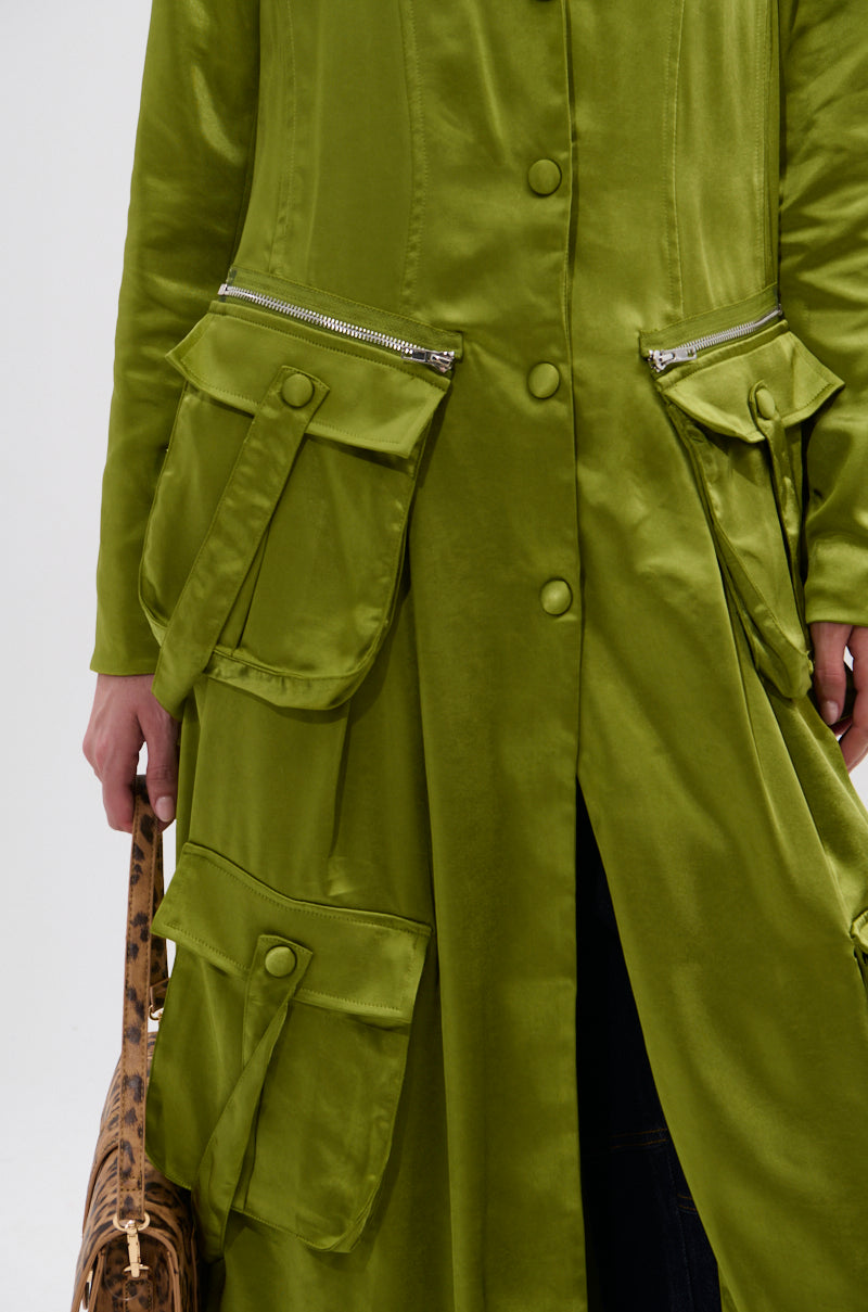 OUTTA TIME SATIN CARGO TRENCH