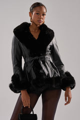 KENZY FUR TRIM PEPLUM MOTO IN BLACK