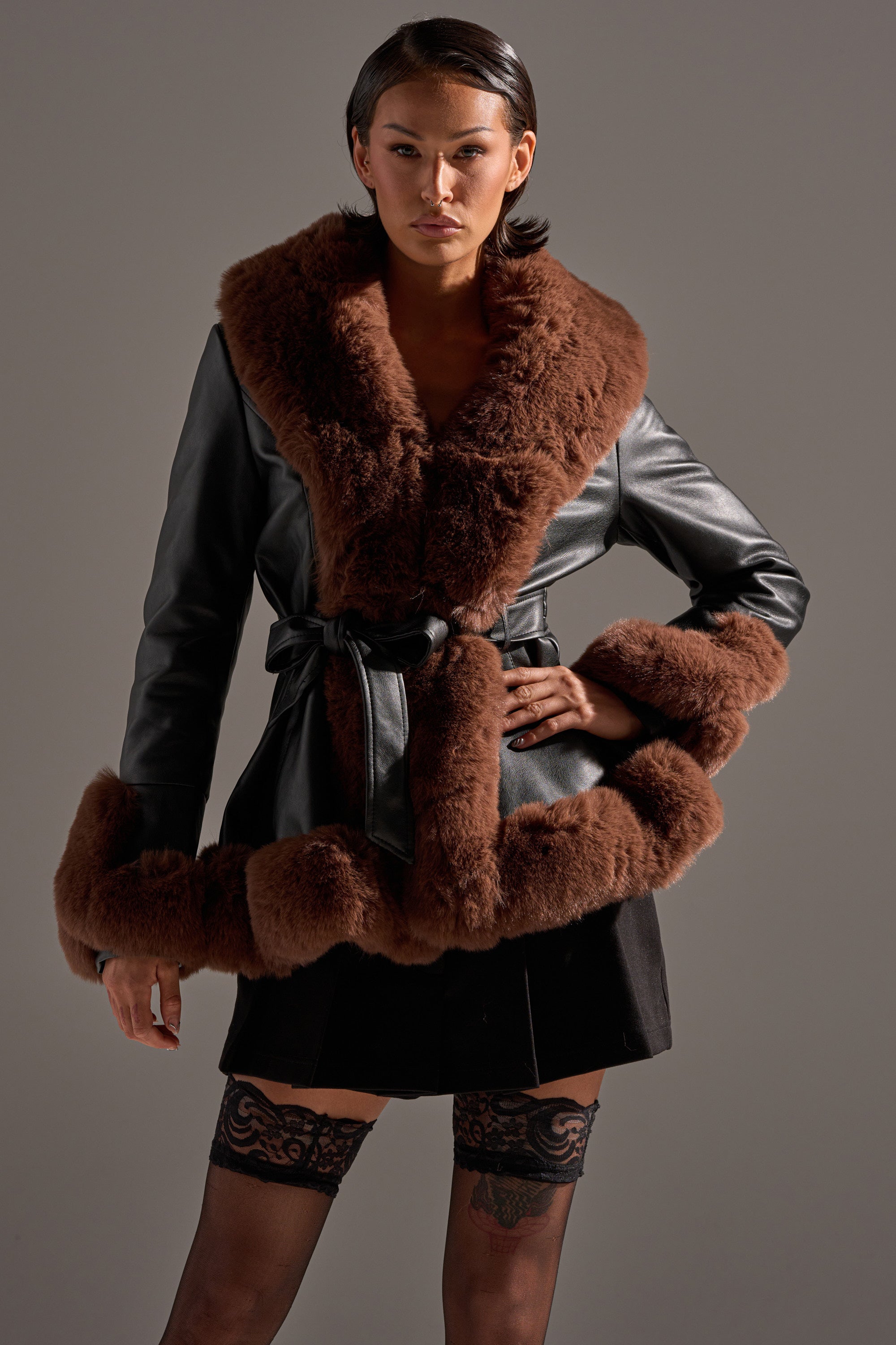 KENZY FUR TRIM PEPLUM MOTO IN BLACK BROWN