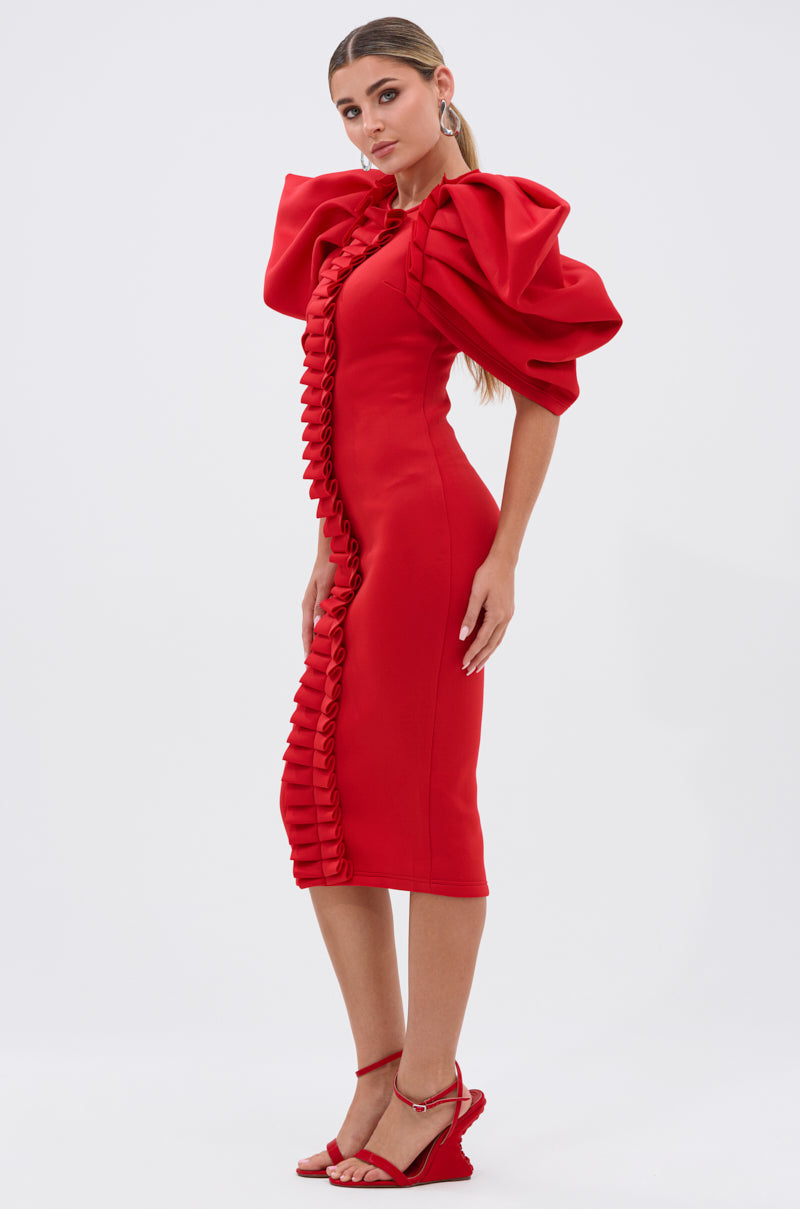 PURE JOY MIDI DRESS WITH DRAMATIC SLEEVE IN RED
