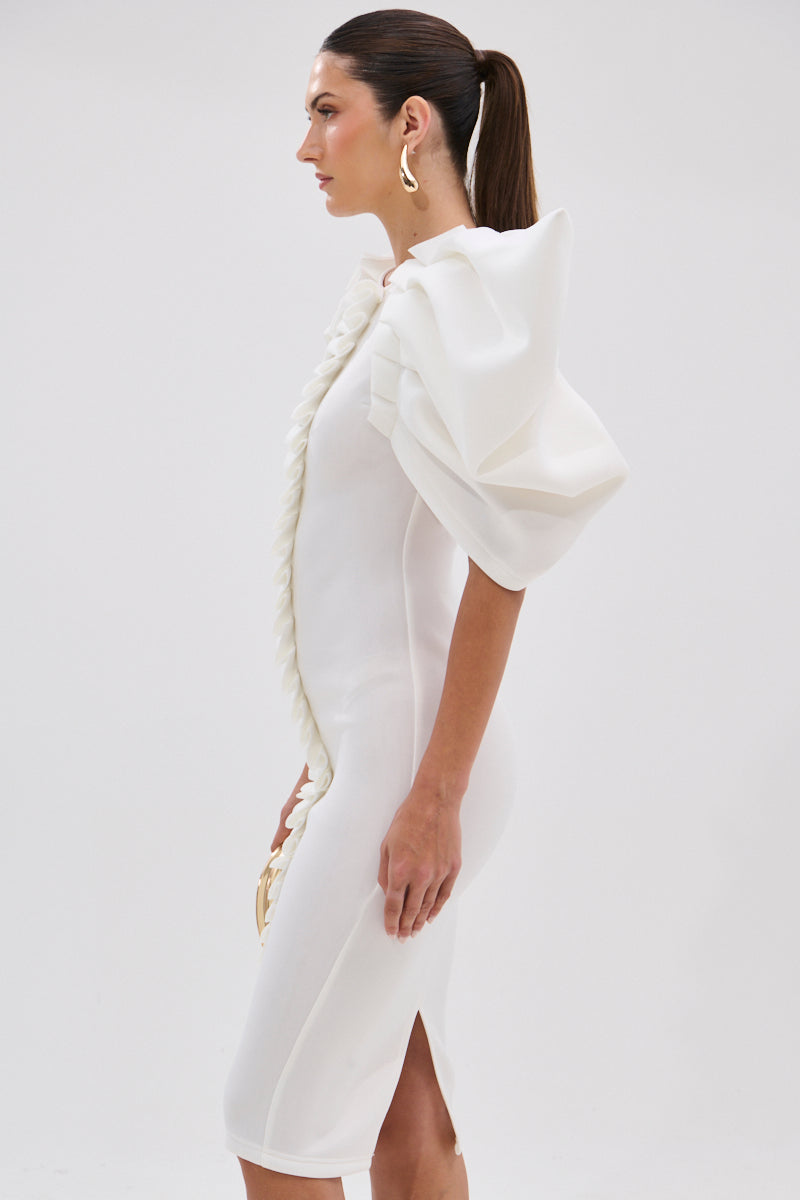 PURE JOY MIDI DRESS WITH DRAMATIC SLEEVE IN WHITE