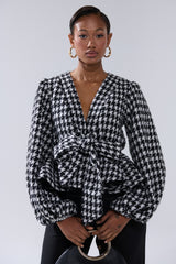 GIRL PLEASE HOUNDSTOOTH TIE-FRONT BLOUSE