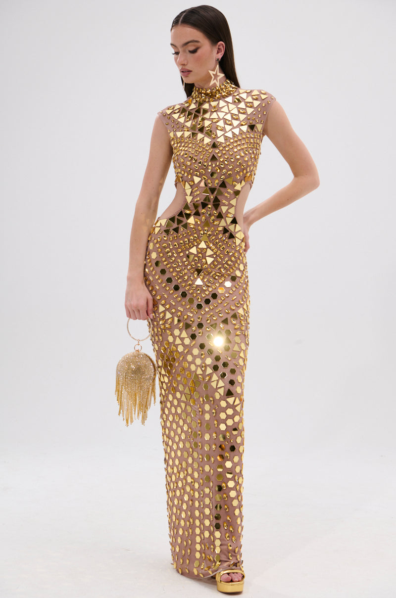 QUEEN OF EVERYTHING MIRRORED MAXI DRESS IN GOLD