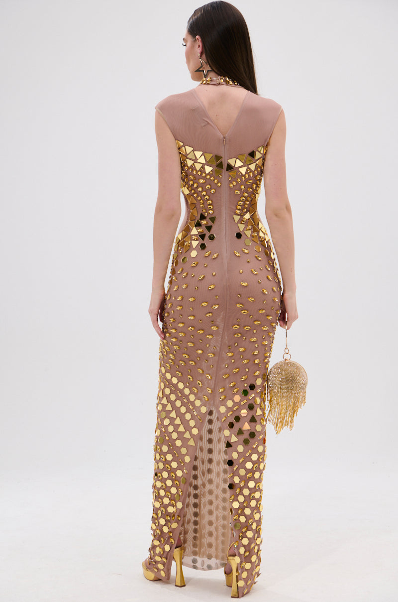 QUEEN OF EVERYTHING MIRRORED MAXI DRESS IN GOLD