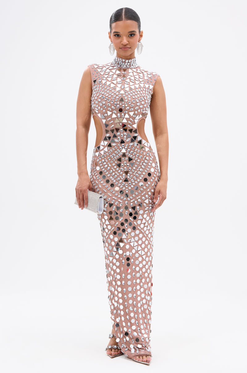 QUEEN OF EVERYTHING MIRRORED MAXI DRESS IN SILVER