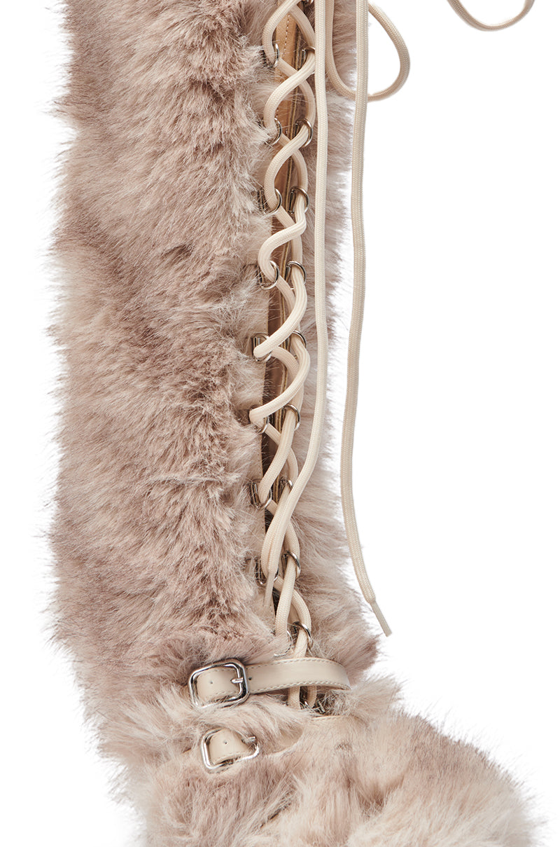 AZALEA WANG LOURDANNE IVORY FUR LACE UP BOOT