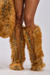 AZALEA WANG LOURDANNE TAN FUR LACE UP STILETTO BOOT